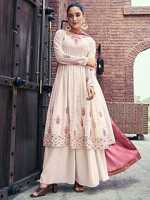 Georgette A-Line Salwar Suit with Mirror-Sequins Embroidery and Dupatta