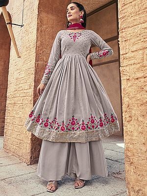 Georgette A-Line Salwar Suit with Mirror-Sequins Embroidery and Dupatta