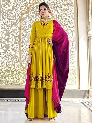 Georgette Sharara Suit with All-Over Floral Thread-Sequins Embroidery and Dupatta