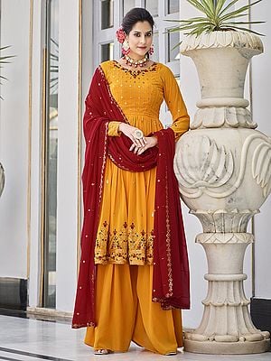 Georgette Sharara Suit with All-Over Floral Thread-Sequins Embroidery and Dupatta