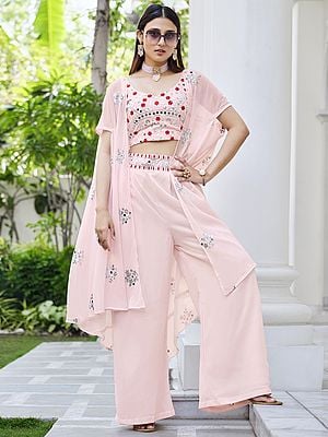 Pink Color Georgette Floral Motif Sequins Embroidered Palazzo Crop-Top Suit With Designer Jacket