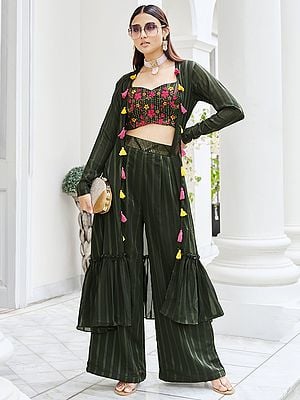 Georgette Floral Motif Sequins Embroidered Palazzo Crop-Top Suit With Flared Jacket