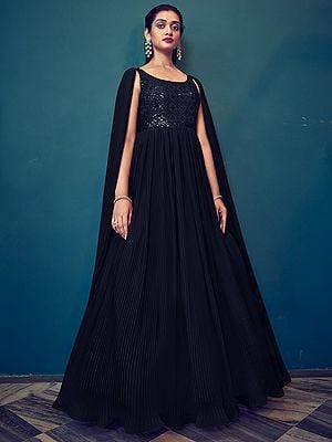 Georgette Pleated Style Anarkali Gown with Thread-Sequins Embroidery