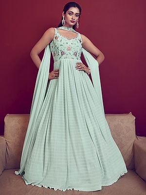 Sky Georgette Thread-Sequins Embroidered Anarkali Gown With Stripes Pattern And Designer Dupatta