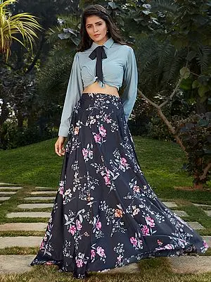 Georgette Grey Crop-Top with Floral Printed Crepe Silk Skirt