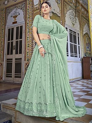 Pista-Green Georgette Stripe-Floral Motif Lehenga Choli With Thread-Sequins Embroidery And Dupatta
