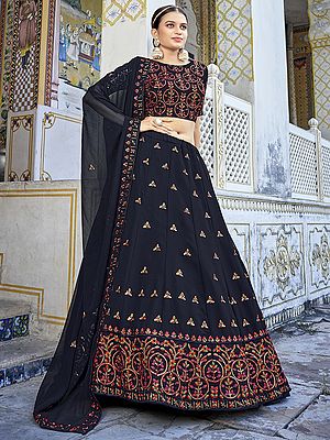 Navy-Blue Georgette Thread-Sequins Embroidered Butti Motif Lehenga Choli And Dupatta