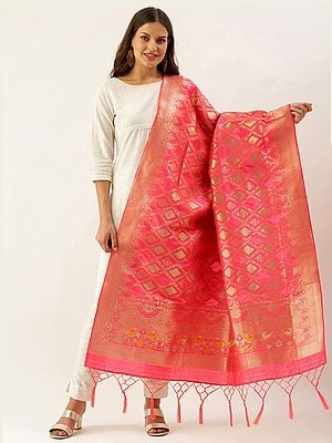 Banarasi silk Diamond Pattern Tassel Dupatta with Elephants Motif Border