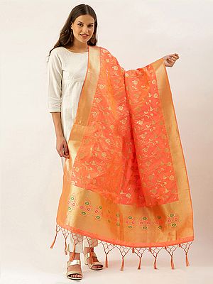 Banarasi Silk Floral Vine Pattern Dupatta with Tassel Border