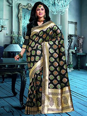 Black Floral Butta Motif Banarasi Silk Saree with Paisley Pattern Pallu
