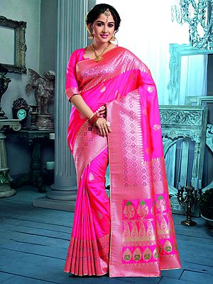 Pink-Peacock Butti Motif Banarasi Silk Saree
