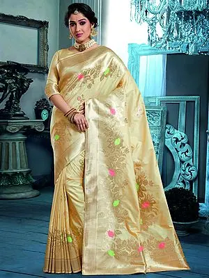 Cloud-Cream Banarasi Silk Floral Pattern Saree
