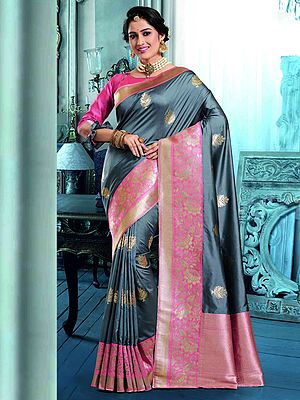 Gray-Quill All-Over Butti Motif Banarasi Silk Saree
