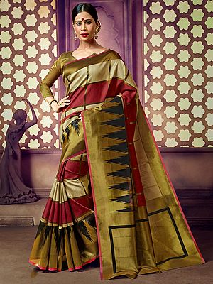 Multicolored Cotton Handloom Saree with Temple Pattern Border