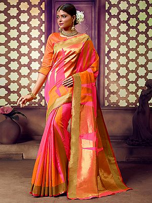 Pink-Orange Cotton Handloom Zari Woven Saree