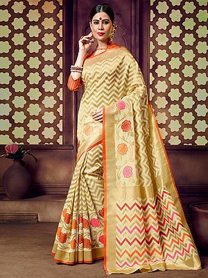 Beige Chevron Pattern Cotton Handloom Saree with Floral Vine Border-Pallu