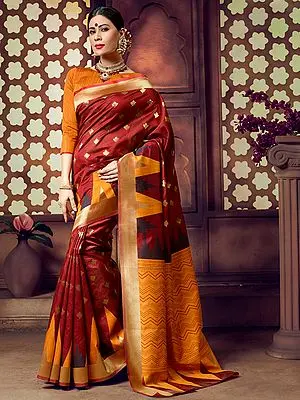 Maroon Butta Motif Cotton Handloom Saree with Chevron Pattern Pallu