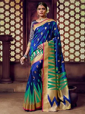 Navy-Blue Cotton Handloom Saree with Blouse