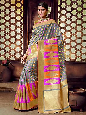Slate-Gray Cotton Handloom Saree with All-Over Multicolored Butti Motif