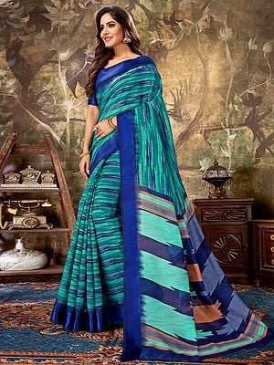 Turquoise-Blue Printed Cotton Saree with Blouse