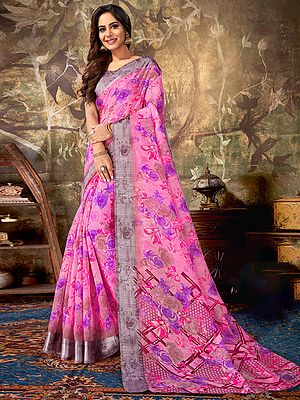Light-Pink Floral Printed Cotton Saree with Blouse