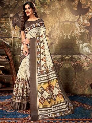 Cotton Cream Color Printed Saree with Blouse