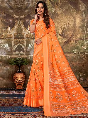 Orange Colored Floral Printed Cotton Saree with Blouse