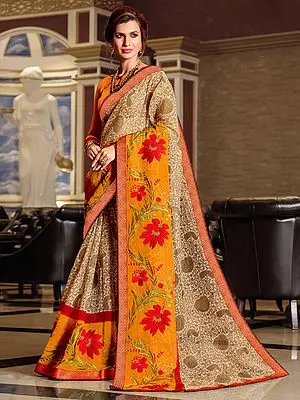 Beige Floral Vine Printed Kota Saree with Blouse