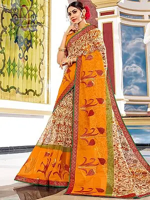 Kota Bird-Floral Vine Pattern Printed Saree with Blouse