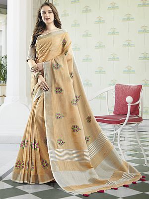 Linen Cotton Mughal Butti Pattern Saree with Blouse