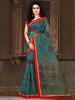 Kota Blue Color Floral Jaal Printed Saree with Blouse