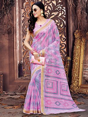 Cotton Pink-Grey Diamond Pattern Printed Saree with Blouse