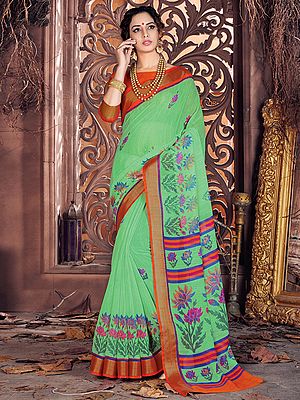 Mint-Green Floral Printed Cotton Saree with Blouse