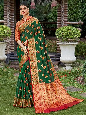 Heavy Banarasi Silk Saree with Zari Woven Floral patterns and Blouse