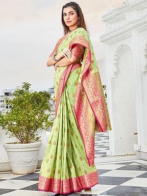 Cotton Handloom All-Over Butti Motif Saree with Blouse and Floral Vine Pattern Border