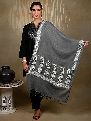 Pure Wool Stole With Border and Paisley Palla And Metallic Aari Threadwork from Kashmir