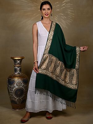 Pure Wool Stole With Border and Paisley Palla And Metallic Aari Threadwork from Kashmir