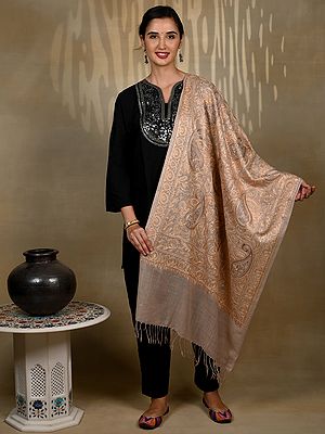 Pure Woolen Monochromatic Stole with Detailed Traditional Big Paisley Aari Threadwork from Kashmir