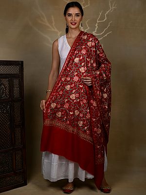 Pure Woolen Shawl with Detailed Multicolored Floral All over Aari Threadwork from Kashmir