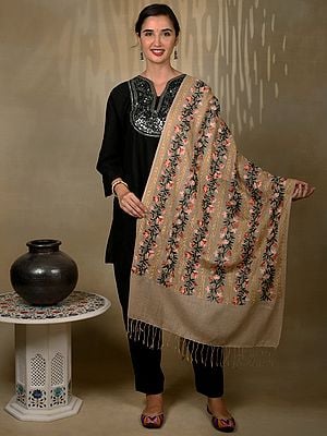 Pure Woolen Stole with Sequins and Floral Garland and Motif Multicolored Threadwork from Kashmir