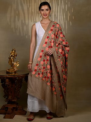 Pure Woolen Shawl with Detailed Big Floral Aari Threadwork from Kashmir