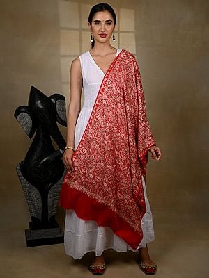 Pure Woolen Blood Red Stole with Detailed Floral and Paisley All over Aari Threadwork from Kashmir