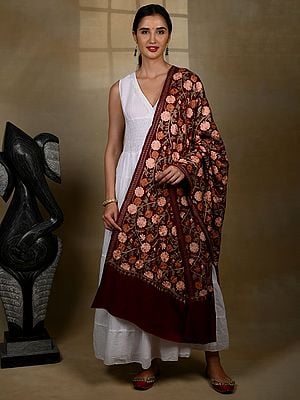 Pure Woolen Rich Maroon Shawl with Detailed Floral All over Aari Threadwork from Kashmir