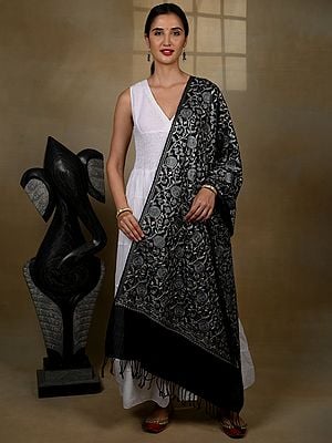 Pure Woolen Black Stole with Detailed Big Grey Florals Aari Threadwork from Kashmir