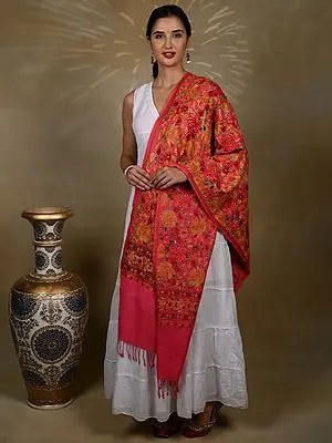 Pure Woolen Neon Fuscia Pink Stole with All over Roses Aari Threadwork and Palla from Kashmir