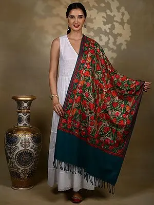 Pure Woolen Teal Blue Stole with Detailed Big Leaf Aari Threadwork from Kashmir