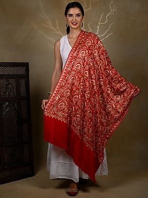 Pure Woolen True Red Stole with Detailed Multicolored Paisley All over Aari Threadwork from Kashmir