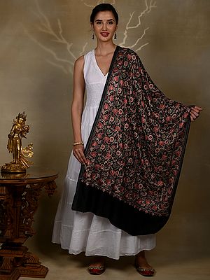 Pure Woolen Black Stole with Detailed Multicolored Floral Bel All over Aari Threadwork from Kashmir