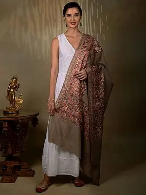 Pure Woolen Khaki Brown Shawl with Detailed Broad Border Aari Threadwork from Kashmir