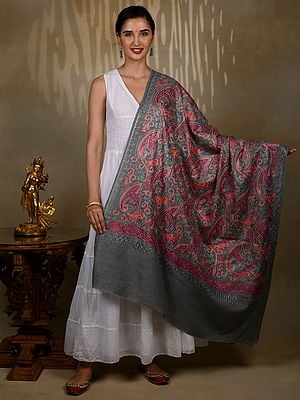 Pure Woolen Grey Shawl with Detailed Traditional Multicolored Aari Threadwork from Kashmir